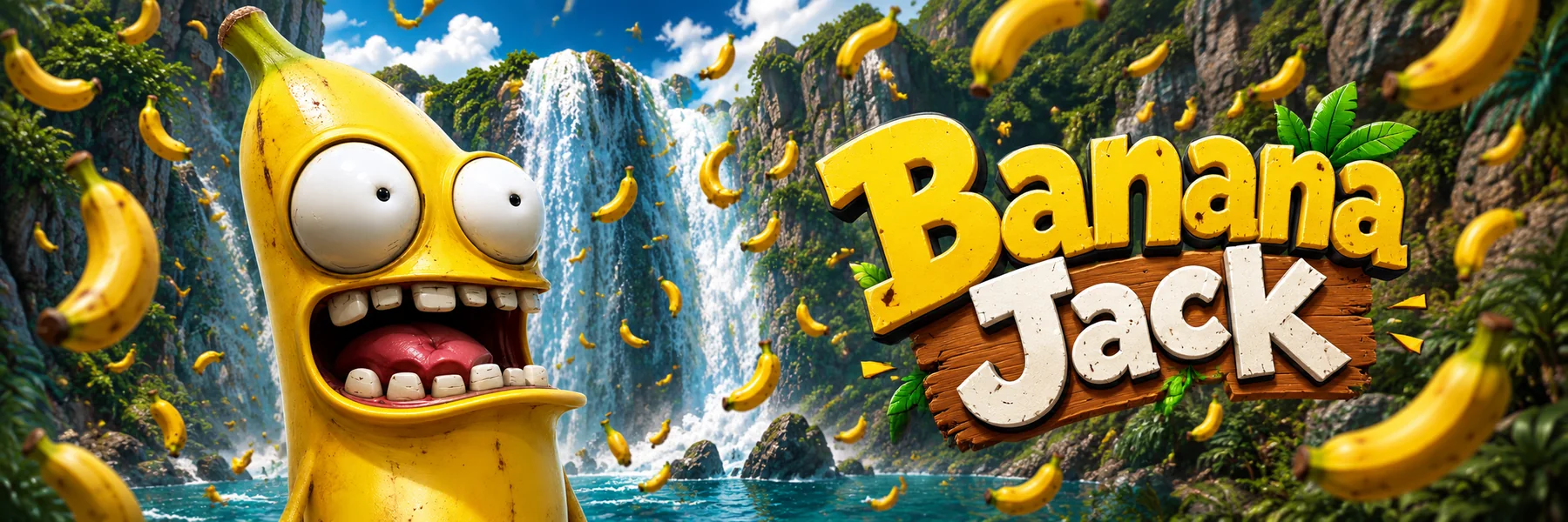 Banana Jack banner with waterfall and banana storm